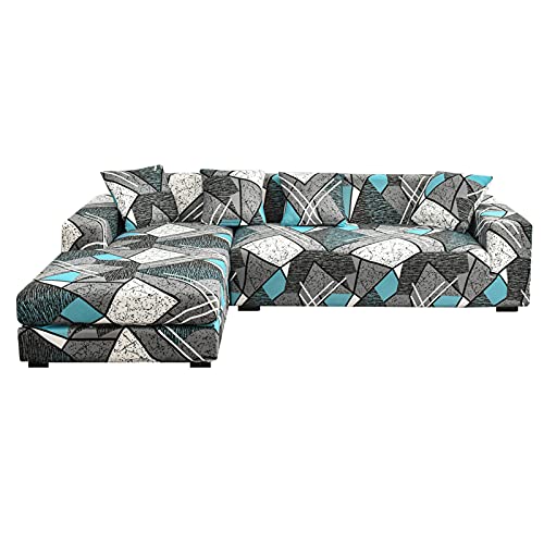 L-Form Sofa Überwürfe Stretch Elastische Sofabezug 2ST Set für 3 Sitzer + 4 Stücke Angenehm Kissenbezug(Grau Blau)