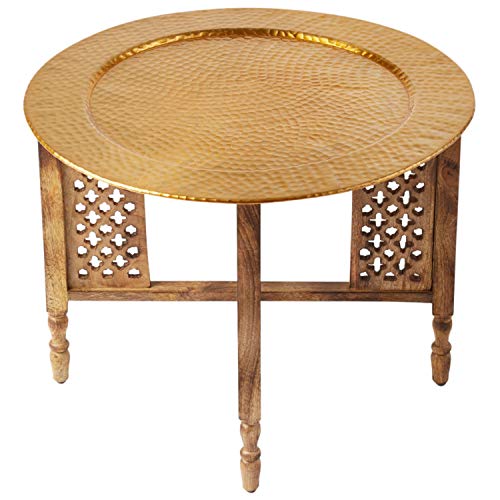 Marokkanischer Runder Tisch Couchtisch Hania ø 60cm rund | Orientalischer Wohnzimmertisch mit klappbaren Vintage Gestell aus Holz in Braun | Das Tablett Dieser Klapptisch ist aus Aluminium in Gold