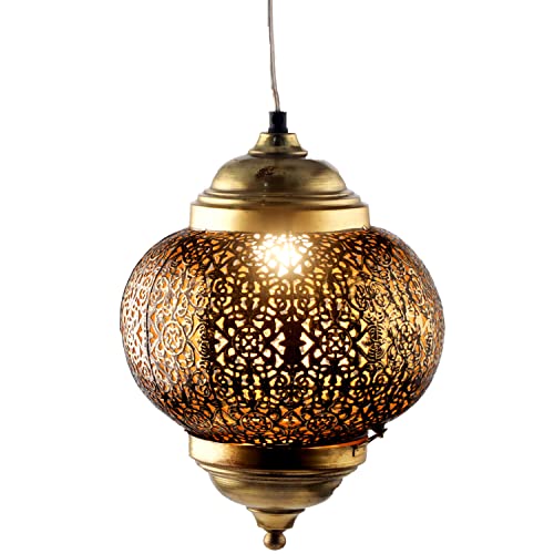 Orientalische Lampe Pendelleuchte Mali Gold Antik 32cm E27 Lampenfassung | Marokkanische Design Hängeleuchte Leuchte aus Marokko | Orient Lampen für Wohnzimmer Küche oder Hängend über den Esstisch