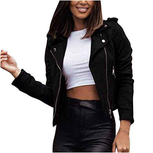 RKaixuni Damen Mode Wildleder Kunstleder Jacken Crop Zip Up Motorrad Kurz Vegan PU Motorrad Outwear Slim Petite Coat, Schwarz , 46