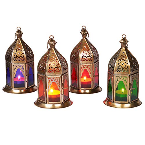 Orientalische Laternen 4 Set Laterne Basem bunt 16cm | 4x Orientalisches Windlicht aus Metall & Glas in 4 Farben | Marokkanische Glaslaterne für draußen als Gartenlaterne in Rot - Lila - Grün - Orange