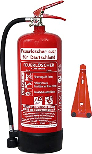 6 L Schaum Feuerlöscher Brandklasse AB DIN EN 3 + GS, Manometer, Wandhalter, Messingarmatur Sicherheitsventil, Standfuß, Schaumlöscher (Ohne Prüfnachweis u. Jahresmarke)