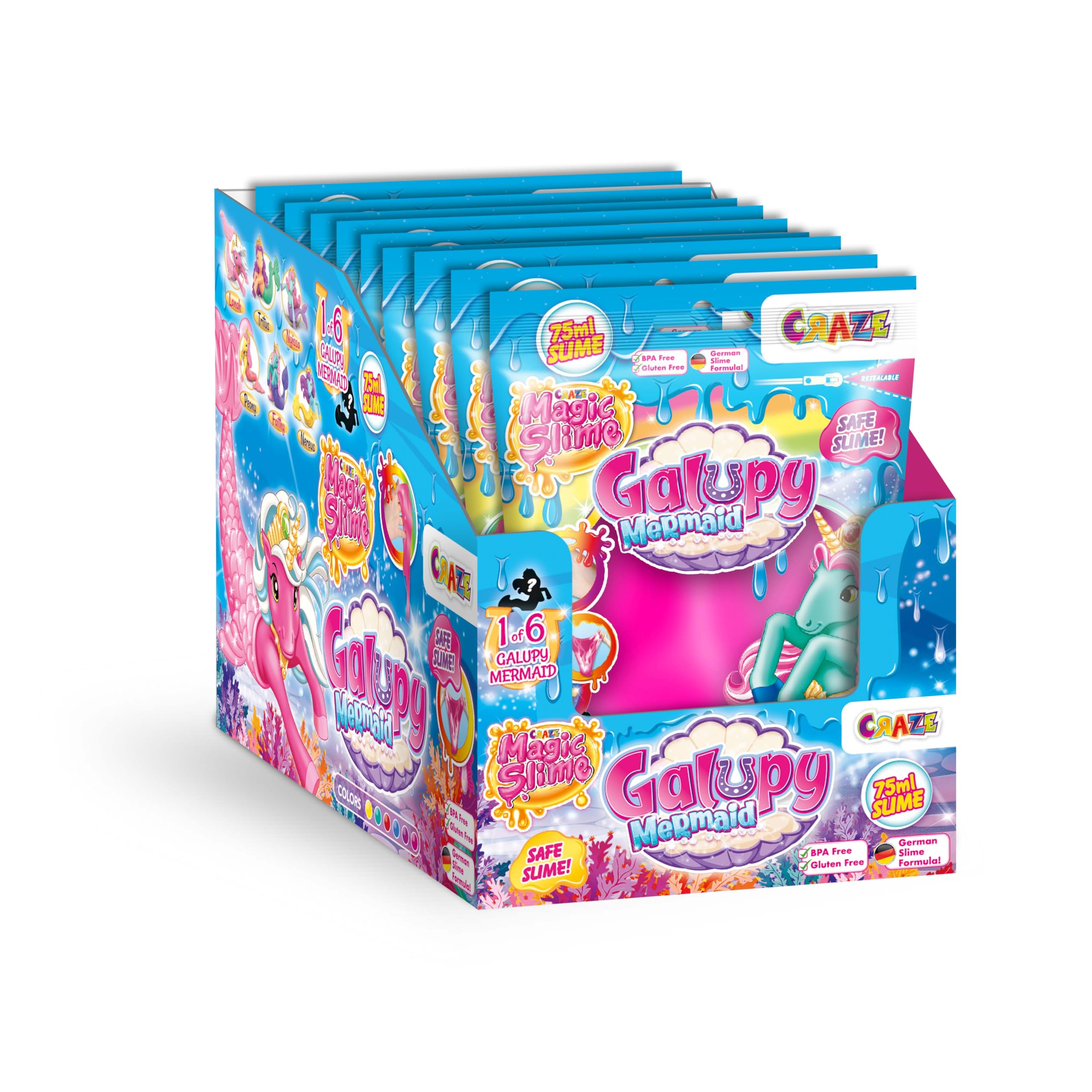 CRAZE Magic Slime Bag GALUPY Mermaid 20er Set | Schleim Kinder komplettes Thekendisplay mit 20x 75ml Slime Beuteln mit Galupy Mermaid Einhorn Figur Überraschungen