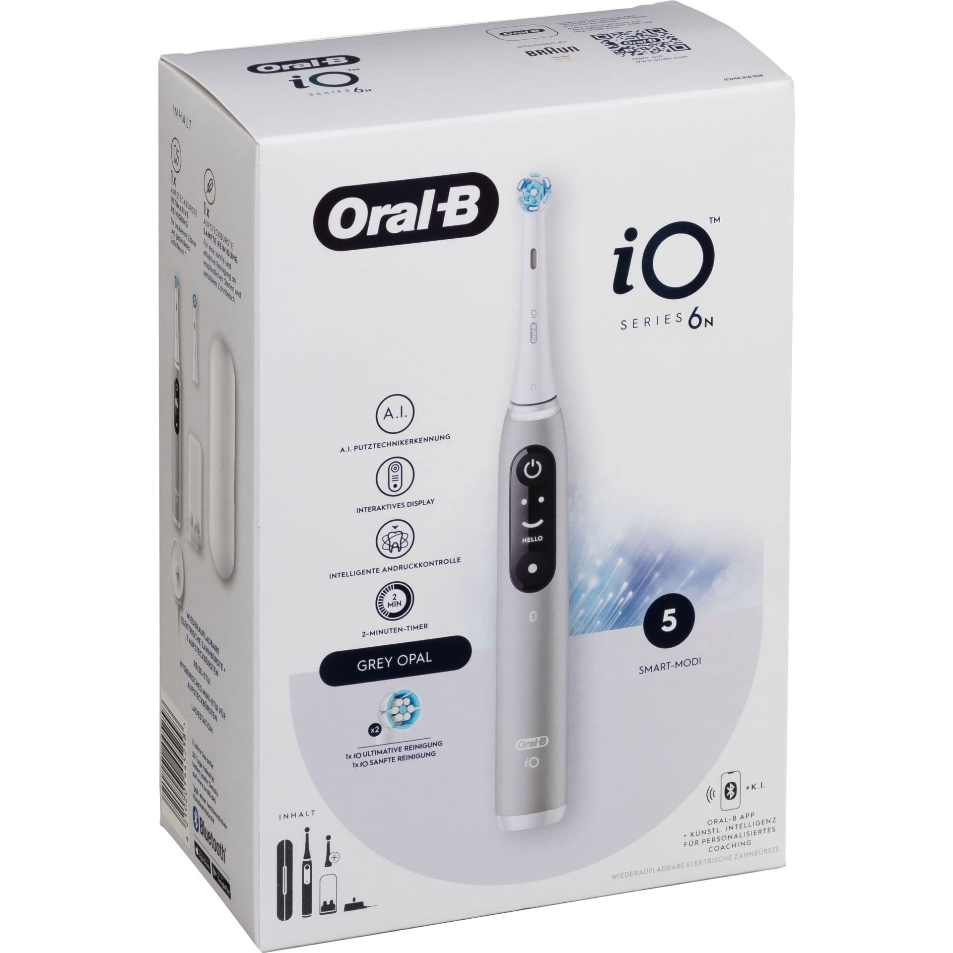 Oral-B iO Series 6 Elektrische Zahnbürste/Electric Toothbrush, 2 Aufsteckbürsten, 5 Putzmodi für Zahnpflege, Valentinstagsgeschenk für Ihn/Sie, Display & Reiseetui, Designed by Braun, grey opal