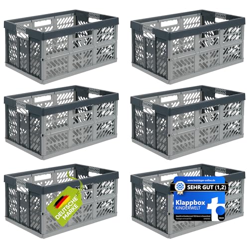 KiNDERWELT 6 x Robuste Profi - Klappbox 45 L bis 50 kg - Faltbox, Kiste, Korb zur Aufbewahrung, Transport - silber/grau