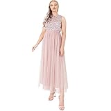 Maya Deluxe Vrouwen Midaxi Jurk Dames Mouwloze Pailletten Hoge Empire Taille Tule Versierd voor Bruiloft Gast Bal Bruidsmeisje, Bessen, 42