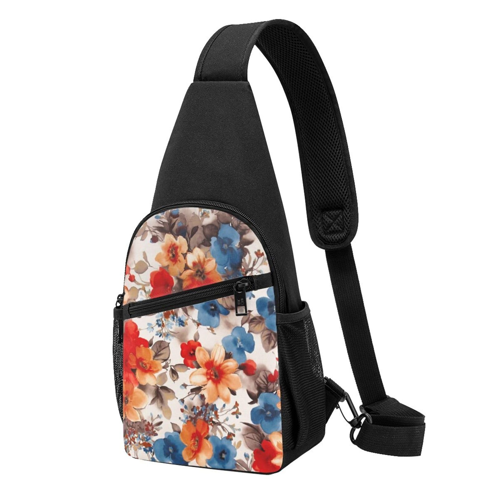 Navaho Style Sling Bag Crossbody Rucksack Brustrucksack für Herren Damen, verstellbare linke und rechte Schulter, Wandern, lässiger Tagesrucksack, Blumendruck, Einheitsgröße