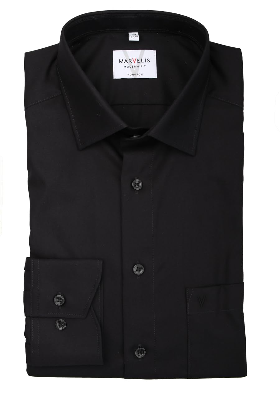 Marvelis Herren Businesshemd Non-Iron Modern Fit, extralang, Kent-Kragen, Uni Popeline, 100% Baumwolle, schwarz 68, 43