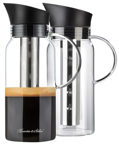 Rosenstein & Söhne kalter Kaffee: 2er Set Cold-Brew-Kaffeebereiter aus Glas, Edelstahlfilter, 1.200 ml (Kaffeebereiter Edelstahl)