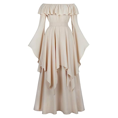 Renaissance-Kleid für Damen, Halloween-Kostüm, Regency-Kleid, Cosplay-Outfits, mittelalterliches irisches Überkleid, Maxi-Abschlussballkleid, Beige