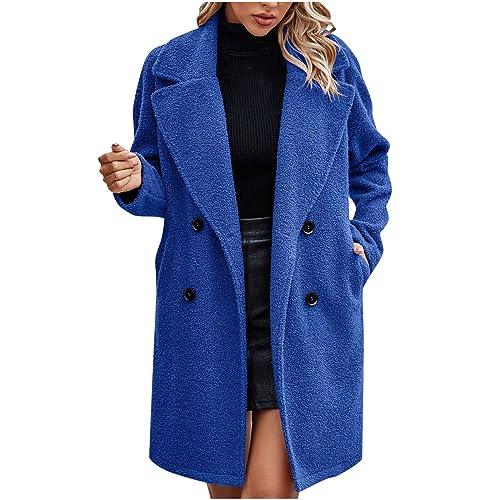 RKaixuni Damen Trenchcoat Lange Fleecejacke Notch Revers Klassischer Pfauenmantel Shaggy Teddy Mantel Winter Warm Outwear Kleidung, blau, 46