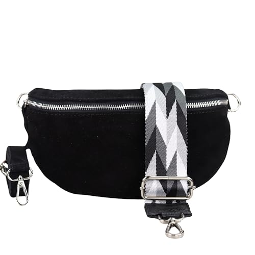 BLADE Bauchtasche Damen, Handgemachte Wildledertasche, Crossbody Bag, Gürteltasche Echtes Leder mit 2 abnehmbaren/verstellbaren breiten Gürteln, Umhängetasche aus Italien, Geschenk für Sie -Schw