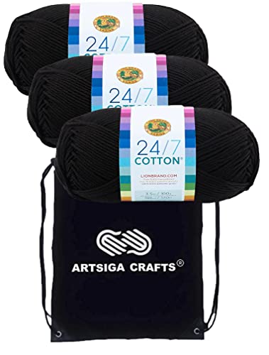 Lion Brand Strickgarn, 24/7 Baumwolle, Schwarz, 3-Skein Factory Pack (gleiche Farbstofflos) 761–153 Bündel mit 1 Artsiga Craft-Projekttasche