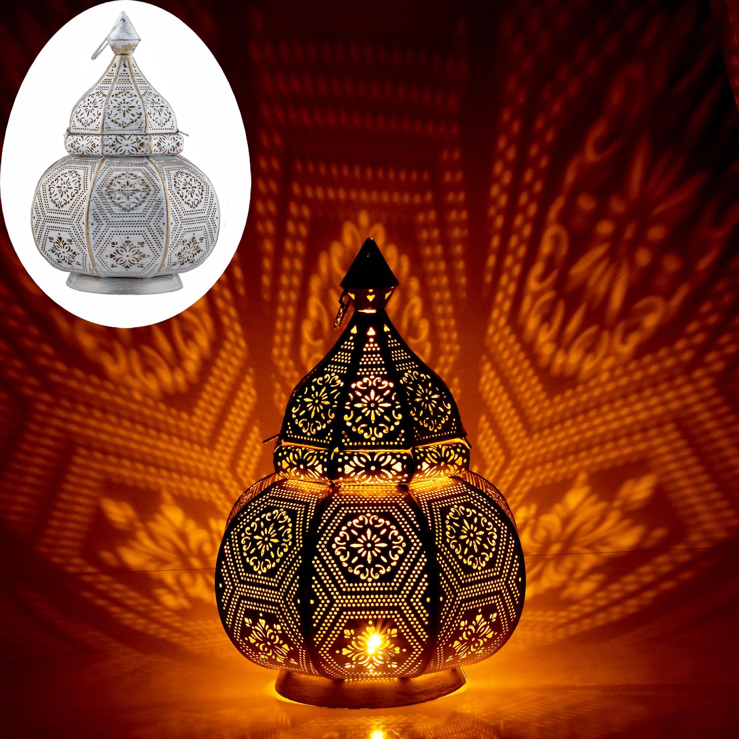 Marrakesch Lampe und Laterne in einem aus Metall 30 cm groß | Tischlampe Windlicht Mahana Weiss als Orientalische Dekoration