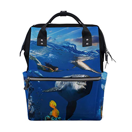 FANTAZIO Mumienrucksack Unterwasserkorallen-Szene mit Delfinen, Fischmuster, Schultasche