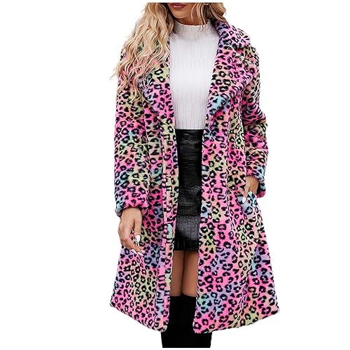 RKaixuni Warmer Damenmantel aus Kunstfell, dicker Trenchcoat, langer Parka, flauschiger Fleece-Plüschmantel mit Taschen, A1#Hot Pink, 48