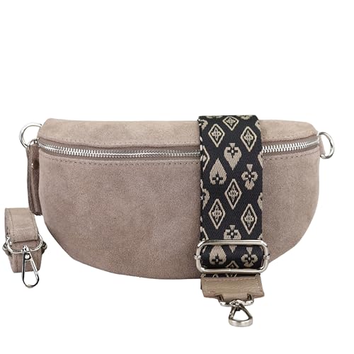 BLADE Bauchtasche Damen, Handgemachte Wildledertasche, Crossbody Bag, Gürteltasche Echtes Leder mit 2 abnehmbaren/verstellbaren breiten Gürteln, Umhängetasche aus Italien, Geschenk für Sie -Taupe