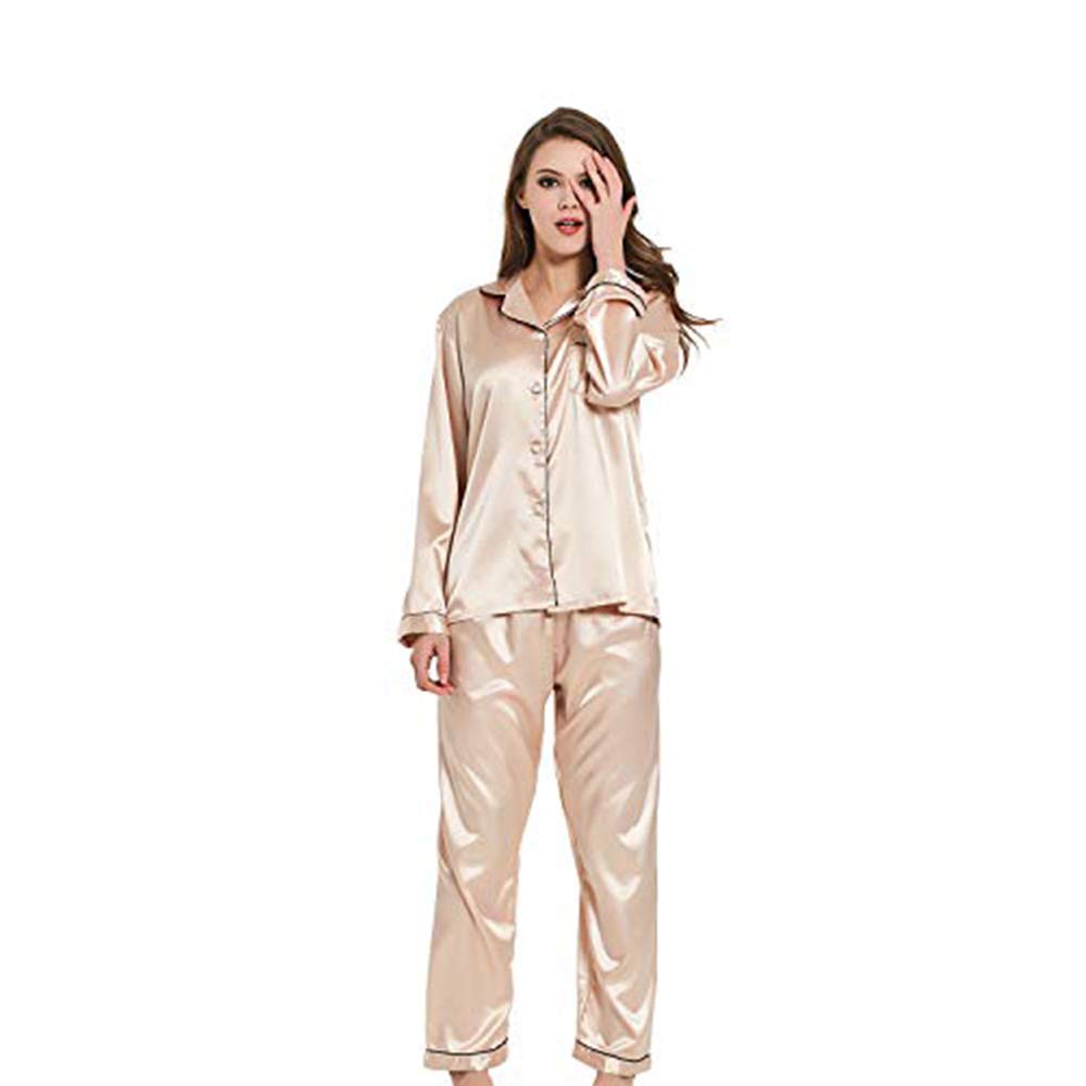 Ladieshow Damen Pyjama Set, Langarm Nachtwsche aus Satin-Seide Einfarbig Pyjama Set Schlafanzug,Damen mit Knopfleiste Nachtwsche Loungewear,S-XXL