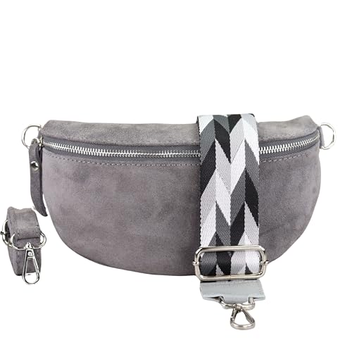 BLADE Bauchtasche Damen, Handgemachte Wildledertasche, Crossbody Bag, Gürteltasche Echtes Leder mit 2 abnehmbaren/verstellbaren breiten Gürteln, Umhängetasche aus Italien, Geschenk für Sie -Grau