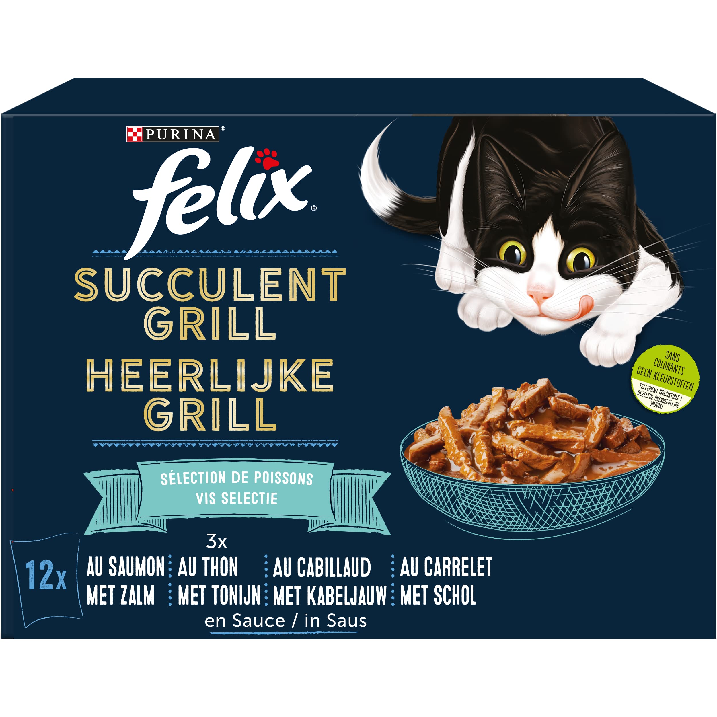 FELIX En Sauce | ausgewachsene Katze | Auswahl von Lachs, Thunfisch, Kabeljau, Karrelett, 6 Stück | 12 x 80 g | Frischebeutel