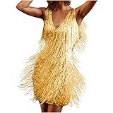 RKaixuni Damen Abschlussball Flapper Kleider 1920er Jahre Pailletten Fransen Quaste Kleider ärmellos formell Cocktail Gala Kleid 20er Jahre Kostüm, gold, Medium