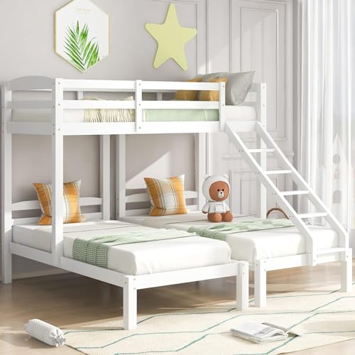 Qiang Dreierbett,Kinderbett Jungenbett Dreifaches Etagenbett mit Seitenleiter für Kinder und Jugendliche,Hausbett mit Lattenrosten(90x200cm*3)