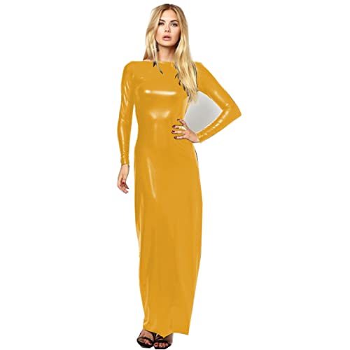 Female Ankle Length Dress Backless Long Sleeve Shiny Metallic Stretchy Sheath Dresses,Gold,7XL