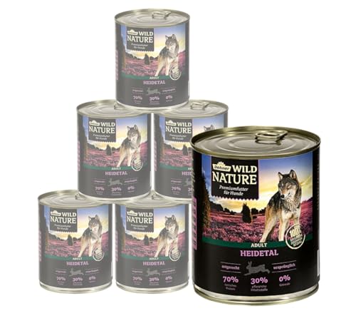 Dehner Wild Nature Hundefutter Heidetal, Nassfutter getreidefrei / zuckerfrei, für ausgewachsene Hunde, Lamm, 6 x 800 g Dose (4.8 kg)