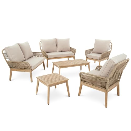 di volio Gartenmöbel-Set Akaia Beige, Gartenmöbel aus Stahl und Akazienholz - 2 Couchtische & 2 x 2-Sitzer Sofa & 2 Sessel, robust und langlebig