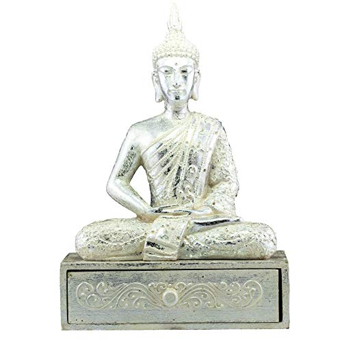 aqasha® Buddha Schatulle Figur Statue Skulptur Dekoration Handgefertigt Holz Harz Silber 30 cm x 20 cm x 15 cm