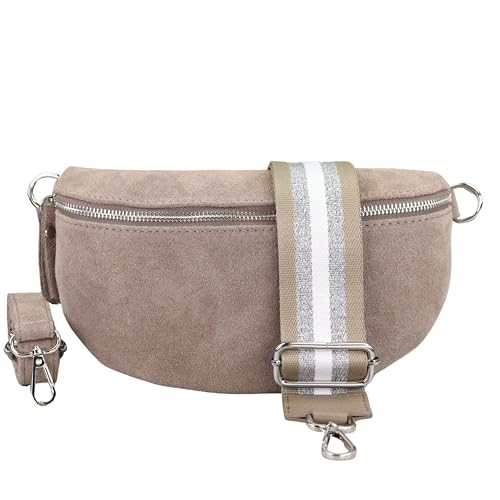 BLADE Bauchtasche Damen, Handgemachte Wildledertasche, Crossbody Bag, Gürteltasche Echtes Leder mit 2 abnehmbaren/verstellbaren breiten Gürteln, Umhängetasche aus Italien, Geschenk für Sie -Taupe