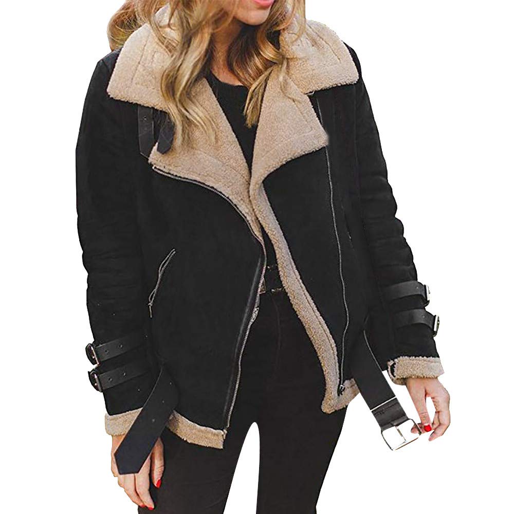 PPangUDing Winterjacke Bikerjacke Damen Vintage Revers Langarm Einfarbig Fleece Gefüttert Steppjacke Übergangsjacke Herbst Winter Schlank Warm Outdoor Winddichte Mit Verstellbarem Gürtel Mantel