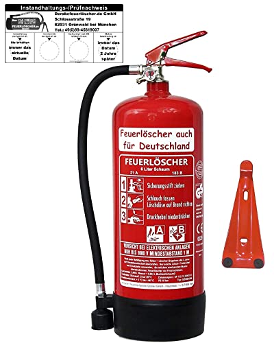 6 L Schaum Feuerlöscher Brandklasse AB DIN EN 3 + GS , Prüfnachweis mit Jahresmarke, Manometer, Wandhalter, Messingarmatur Sicherheitsventil, Standfuß, Schaumlöscher (Ohne Prüfnachweis u. Jahresmarke)