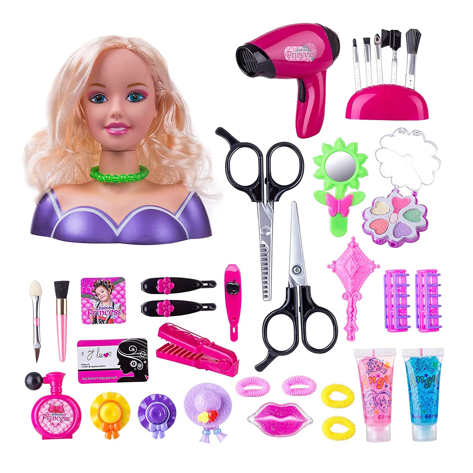 GOXAEEE Frisierkopf, 35 Stück, Frisierkopf und Make-up-Set, Spielzeug, Mädchen, für 1 – 9 Jahre, Puppe Styling Head Hairdressing (blau)