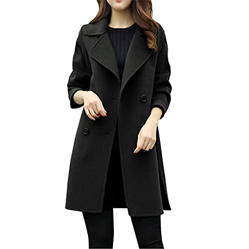 RKaixuni Langer Damen-Trenchcoat, Wollmischung, Blazer, Jacke, zweireihig, modisch, Cardigan, legere Knöpfe, Peacoat, Arbeitsoutfit, Schwarz , 46