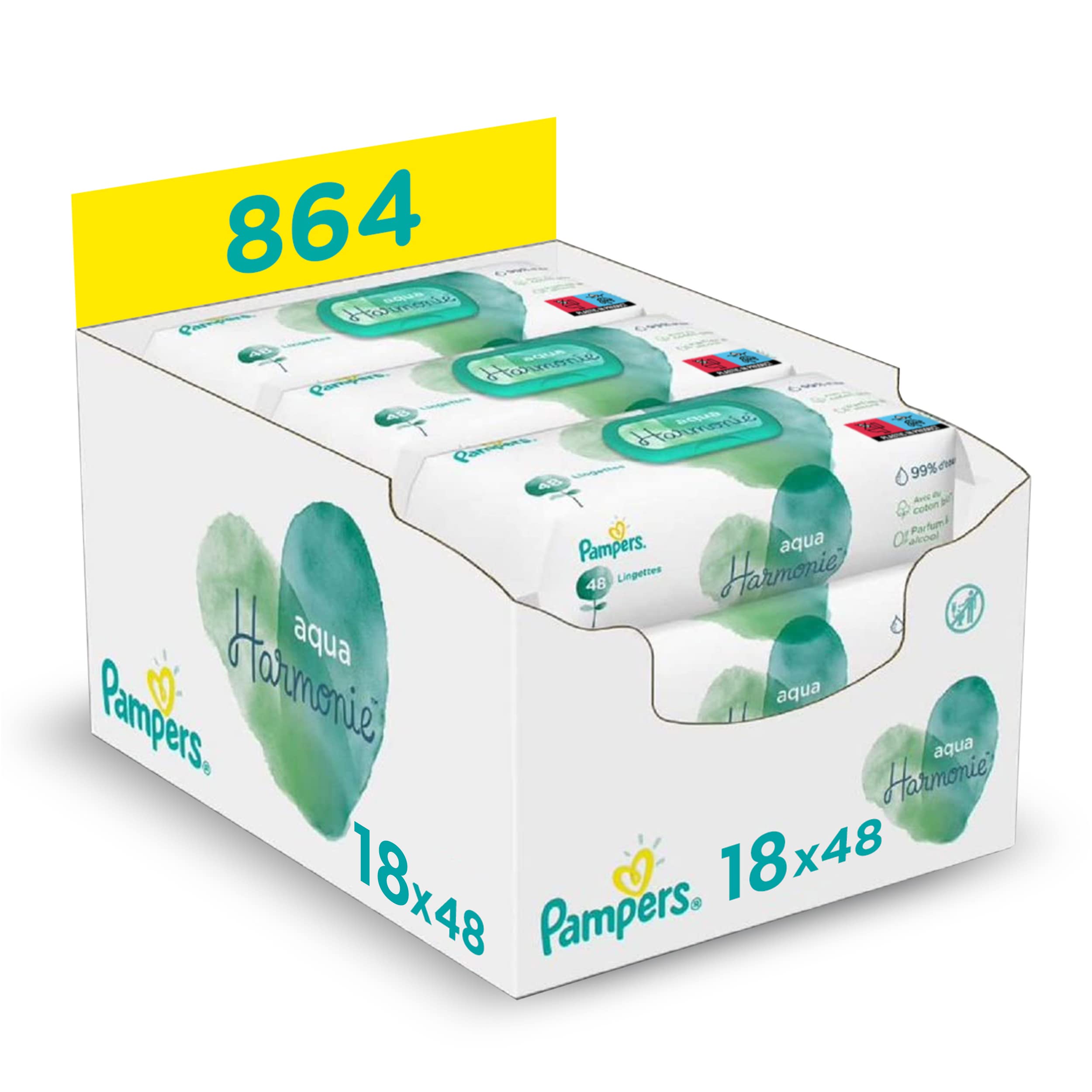 Pampers Baby Aqua Harmonie Reinigungstücher, 864 Tücher (6 x 3 x 48 cm), ohne Parfüm und Alkohol, mit 99% Wasser und pflanzlichen Fasern, dermatologisch getestet