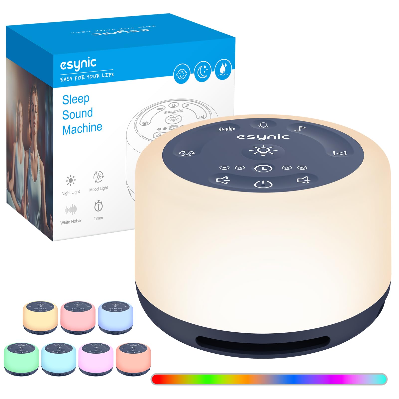 eSynic White Noise Machine Baby Weißes Rauschen Einschlafhilfe LED Stilllicht mit 30 Klänge & 7 Farben Nachtlicht Timer Speicher für Baby Kinder Erwachsene Zuhause Büro