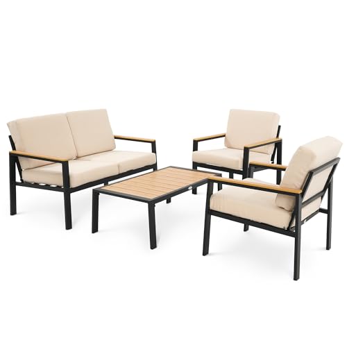 di volio Gartenmöbel-Set Merano Schwarz/Beige, Terrassenmöbel aus wasserfestem Materialien, Gartenmöbel für 4 Personen - Couchtisch & 2 Stühle & 2-Sitzer Sofa