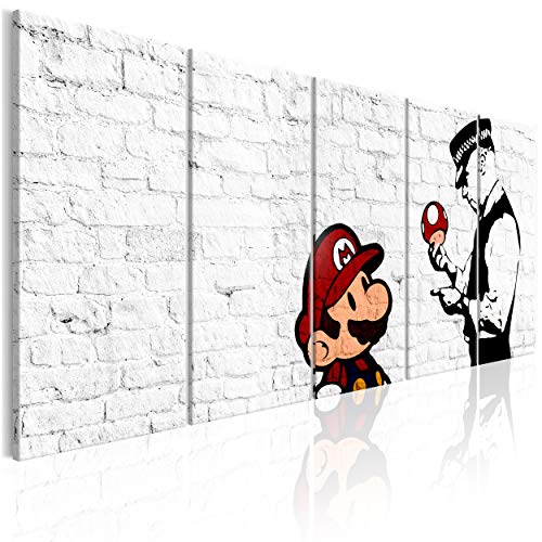 decomonkey Bilder Banksy Mario 200x80 cm XXL 5 Teilig Leinwandbilder Bild auf Leinwand Vlies Wandbild Kunstdruck Wanddeko Wand Wohnzimmer Wanddekoration Deko Street Art Ziegel