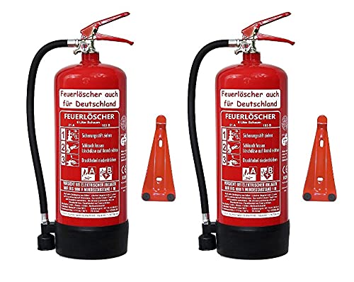 2X 6 L Schaum Feuerlöscher Brandklasse AB DIN EN 3 + GS, Manometer, Wandhalter, Messingarmatur Sicherheitsventil, Standfuß, Schaumlöscher (Ohne Prüfnachweis u. Jahresmarke)