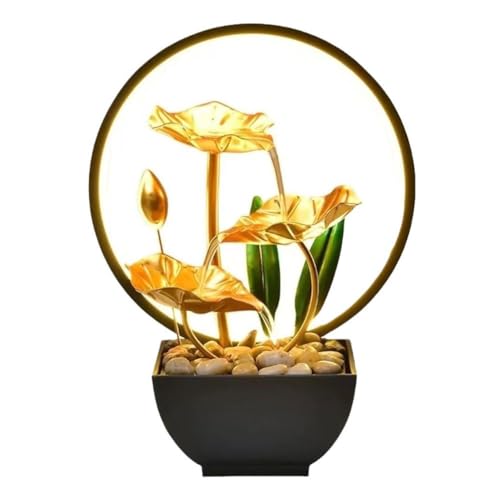 AZURAOKEY Wasserfall-Dekor, Zimmerbrunnen mit LED Beleuchtung, fließendem Wasser, 3-stufiger Lotusblatt-Brunnen, Desktop-Wasserfall- Fengshui Desktop Springbrunnen Wasserspiel Decoration