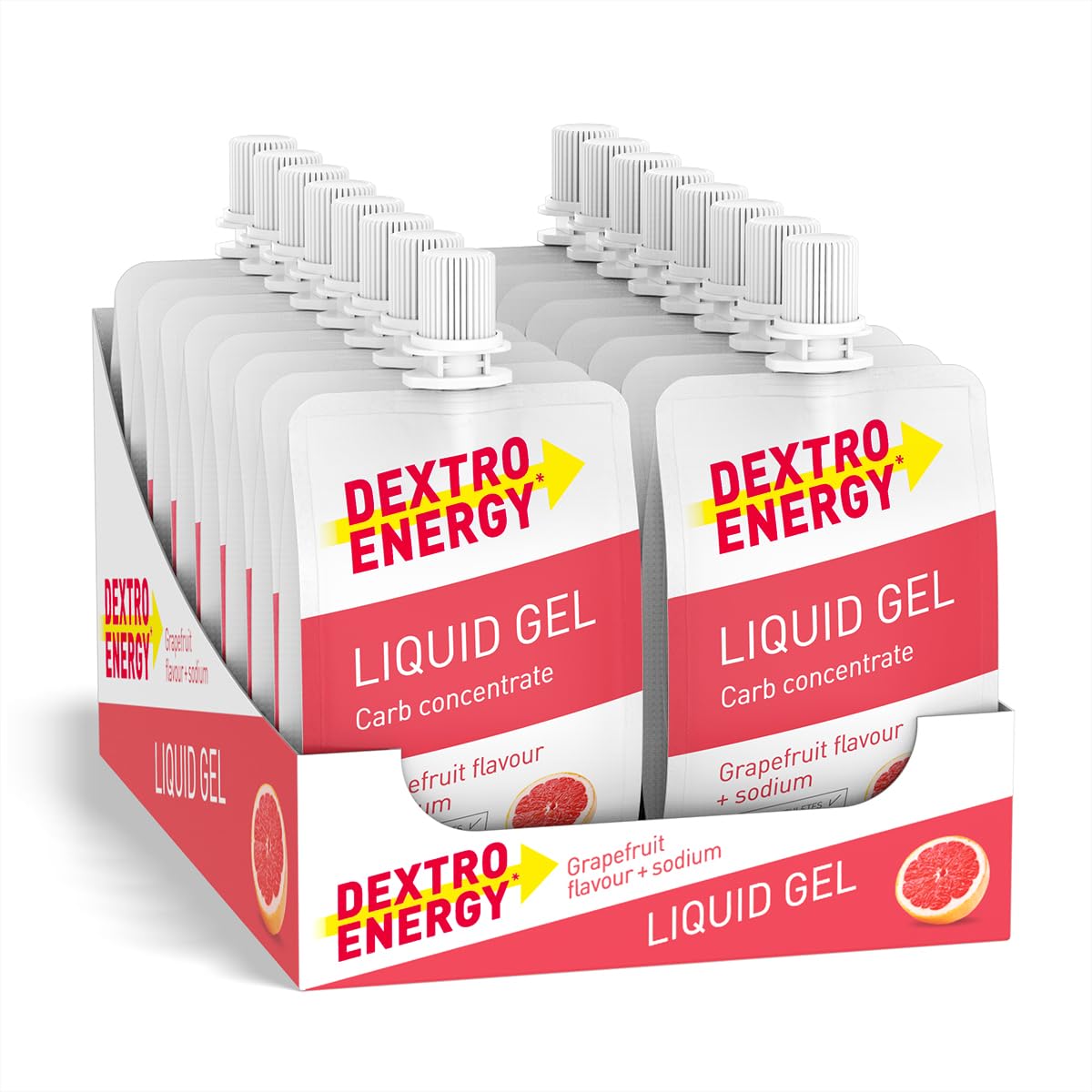 DEXTRO ENERGY LIQUID GEL GRAPEFRUIT + NATRIUM - 18x60ml (18 Stück) - Traubenzucker Konzentrat, schnell verfügbare Kohlenhydrate, Energy Gel, Booster für Ausdauersport, Energy Riegel Alternative