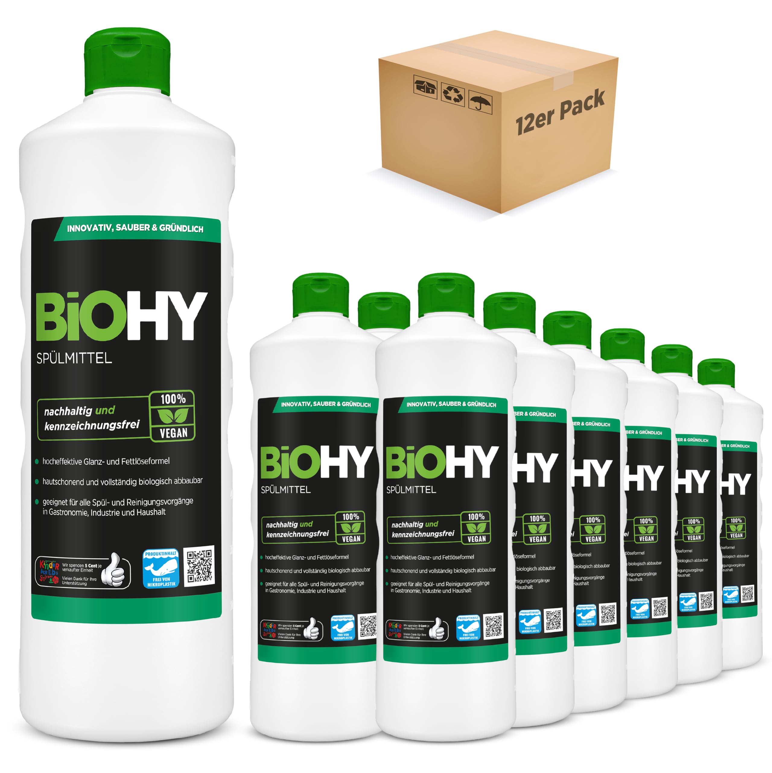 BiOHY Spülmittel (12 x 1 Liter) | Bio Geschirrspülmittel ohne schädliche Chemikalien | Flüssiger Fettlöser für frischen Glanz | ideal für Spülmittelspender | biologisch abbaubar