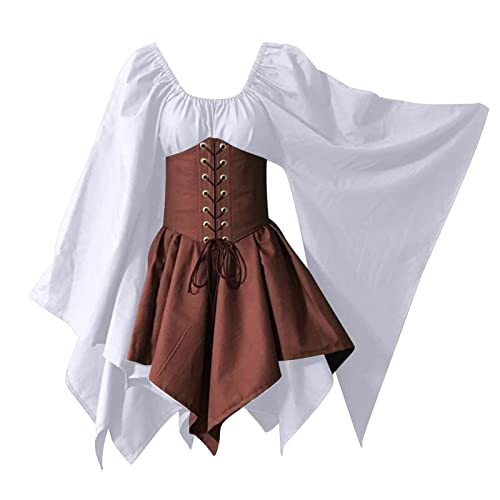 Damen Übergröße Renaissance Kleid mit Korsett Irische Elfe Kostüm Elfen Bogenschütze Kurze Kleider Halloween Kostüme, weiß, XX-Large