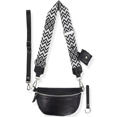 Blade Bauchtasche Damen Echtleder, stylisch Umhängetasche Damen, Crossbody Bag Damen mit 2 abnehmbaren verstellbaren Schultergurten und mit ETUI für Airpods1/2 für Frauen-Schwarz (Klein/Opt-3)