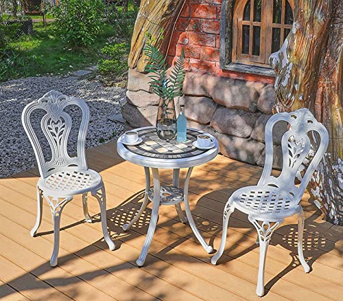 Weißes Gussaluminium-Esszimmer-Set mit 2 Stühlen, runder Tisch, Gartenmöbel für Patio, Terrasse, Terrassendielen, langlebig, wetterbeständig