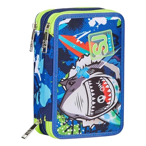 SJ Gang Federmäppchen für die Schule mit 3 Reißverschlüssen, Blau, SharkStory, Federmäppchen, Dreifachfach mit Stiften, Bleistiften, Farben, Zubehör Rucksack, Grundschule, Medium, Kinder, blau, Taglia