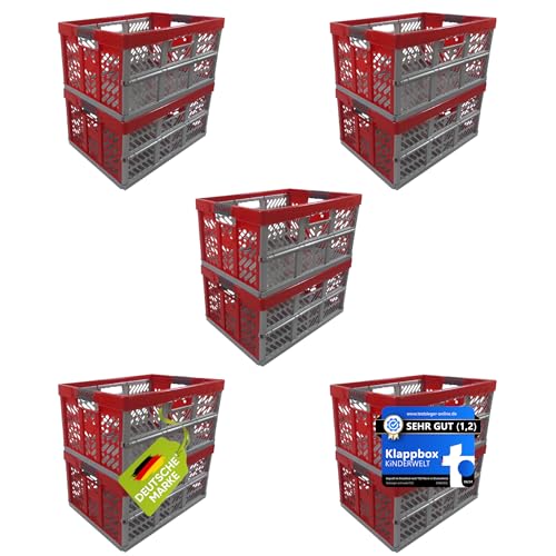 KiNDERWELT 10 x Robuste Profi - Klappbox 45 L bis 50 kg - Faltbox, Kiste, Korb zur Aufbewahrung, Transport - rot/silber