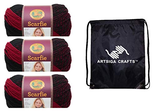 Lion Brand Scarfie Cranberry/Black 826-205 (3 Knäuel – gleiche Farbstofflose) Chunky Bulky #5 Acryl, Wollgarn zum Häkeln und Stricken, Bündel mit 1 Artsiga Craft-Projekttasche