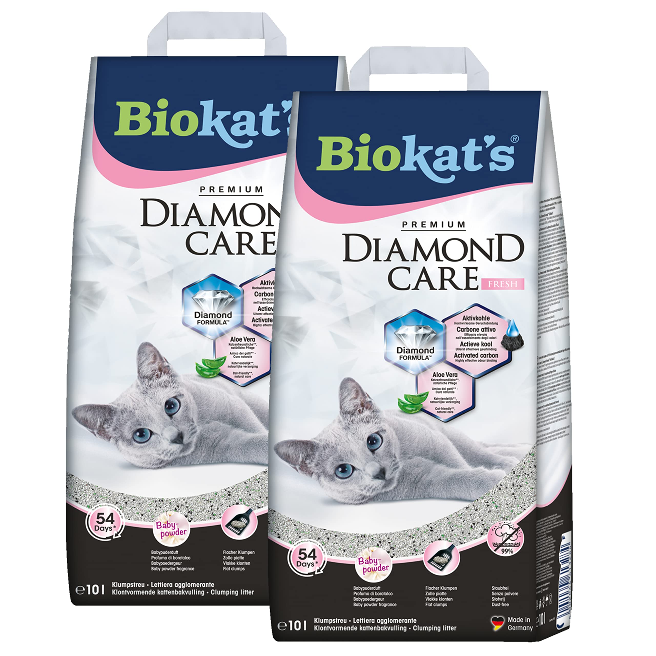 Biokat's Diamond Care Fresh Katzenstreu mit Babypuder-Duft - 2 Sack (2 x 10 L)